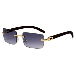 Rimless rectangle sunglasses with faux wood temples and gradient gray lenses for unisex style