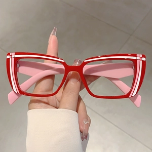 Women Cat Eye Rectangular Glasses Frame Anti Blue Light Polycarbonate Plastic Striped Decorative Clear Lens Eyewear