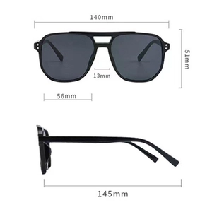 Detailed size chart for retro square sunglasses with measurements in millimeters