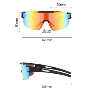 Detailed dimensions of oversized cycling sunglasses with colorful gradient lenses and black frame