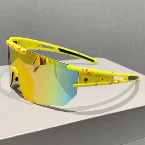 Colorful sports sunglasses with splatter-pattern frame and rainbow mirrored lens for cycling
