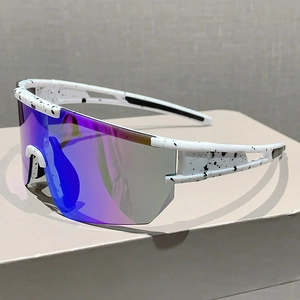 Outdoor cycling sunglasses with white speckled frame and gradient mirrored shield lens