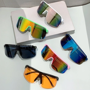 Set of six colorful large-frame sport sunglasses with shield lenses for cycling and skiing
