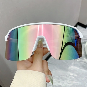 Detail of white sport sunglasses with oversized multi-color iridescent gradient lens