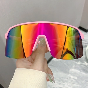 Close-up of pink frame sports sunglasses with colorful rainbow mirrored lenses