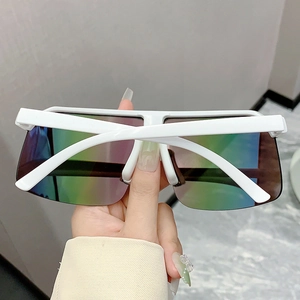 Detail of white wide-frame sports sunglasses with colorful iridescent polarized lenses
