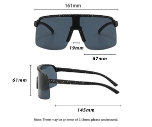 Detailed dimensions of oversized cycling sunglasses with white speckled black frame