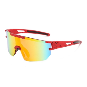 Outdoor sports cycling sunglasses with red graffiti frame and large colorful mirrored lens