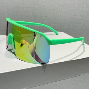 Detail of neon green sports sunglasses with large colorful gradient polarized lenses