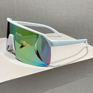 Outdoor sports cycling sunglasses with white frame and large iridescent protective lens