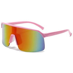 Pink sporty cycling sunglasses with large colorful mirrored lens for outdoor hiking and skiing