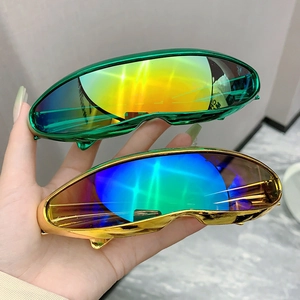 Y2K futuristic wraparound sports sunglasses with metallic frames and gradient lenses