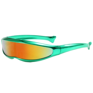 Green electroplated futuristic cycling sunglasses with orange mirror lens and Y2K aesthetic
