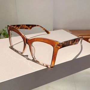 Detailed view of tortoiseshell butterfly frame glasses with wide temples on a display stand