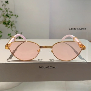 Detailed size specifications for pink lens sunglasses with gold metal frame and white temples