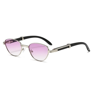 Retro sunglasses with silver metal frame, purple gradient lenses and wood grain texture