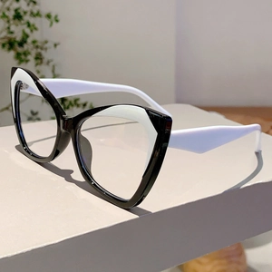 Detail of retro cat-eye glasses frame featuring a bold black and white contrast design