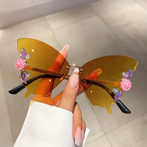 Schmetterling Randlose Sonnenbrille Metallrahmen UV400 Verlaufslinsen Strass Künstliche Perle Blume Party Brillen Für Frauen