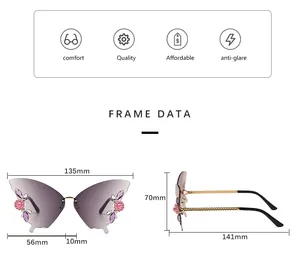 Detaillierte Größentabelle für Schmetterling Sonnenbrille mit lila Farbverlauf-Gläsern