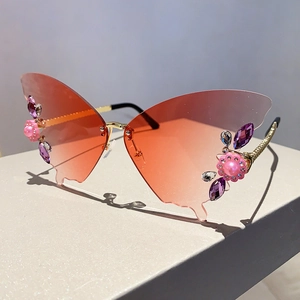 Detail der Schmetterlingssonnenbrille mit rosa Farbverlauf und Perlenverzierung
