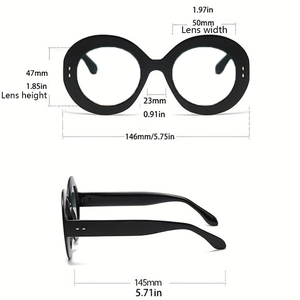 Detailed sizing chart of vintage black oval frame glasses with golden side accents