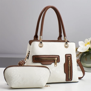 Two-piece white textured faux snake leather boston bag and half-moon pouch set