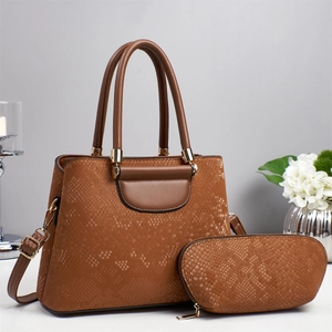 Fashionable brown snake pattern handbag set with large capacity and gold hardware details