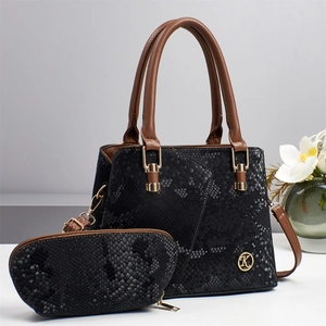 Snake Pattern Handbag And Pouch Women PU Leather Tote Shoulder Crossbody Purse Vintage Gold Logo Elegant