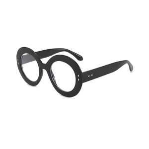 Retro oversized round black frame glasses with gold rivet details at a 45-degree angle