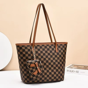 Grand sac cabas à carreaux avec porte-monnaie à nœud assorti et anses en cuir