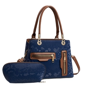 Navy blue snakeskin textured tote bag with top handles and matching small cosmetic pouch