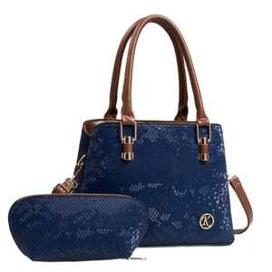 Deep blue snakeskin pattern Boston bag set with brown handles and gold hardware
