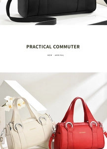 Detail of mini Boston bag in pebble leather finish showing black, white, and red options