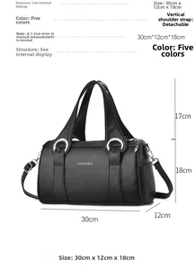 Detailed dimensions of black pebble leather Boston handbag: 30cm x 12cm x 18cm sizing