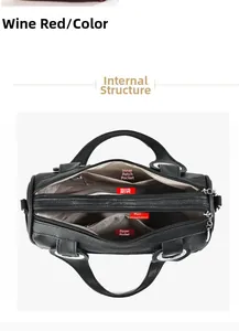 Detail view of the black lychee pattern leather handbag with multi-pocket interior structure
