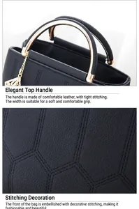 Detail of black lychee leather handbag featuring hexagonal stitching and golden ring handle