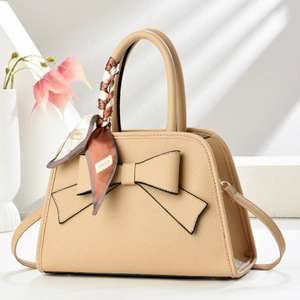 Elegant khaki wedding handbag with large bow and fashion printed scarf on handle