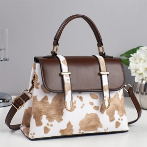 Women Cow Print PU Leather Handbag Retro Square Crossbody Shoulder Bag With Metal Buckle Vintage Style