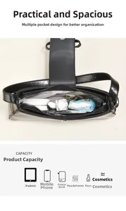 Interior view of black glossy shoulder bag showing large capacity for daily essentials