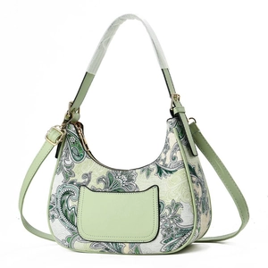 Green paisley crescent crossbody bag with lychee texture and adjustable strap