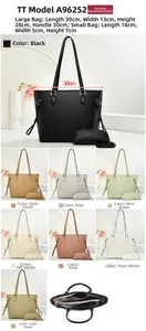 Litchi pattern leather tote bag set with dimensions showing large capacity interior