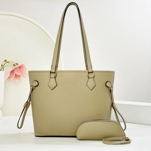 Olive green leather tote bag with lychee texture and matching wristlet clutch set