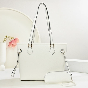 Women Large Capacity Lychee Texture PU Leather Tote Bag And Matching Pouch Retro Minimalist Travel Shoulder Handbag