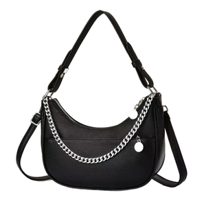 Large black crescent hobo bag with silver chain detail and leather texture