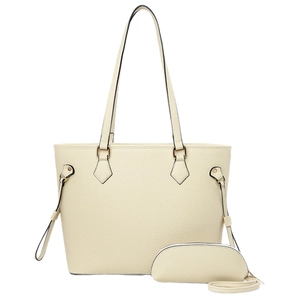 Beige lychee texture tote bag set with matching small zipper pouch and gold hardware