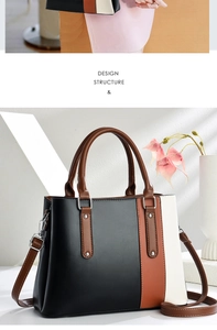 Detail view of tri-color patchwork leather tote with round handles and adjustable strap