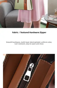 Detail of high-gloss silver zipper hardware and three-color leather stitching on handbag