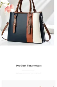 Detail of color-block tote bag featuring navy blue, caramel, and beige matte PU leather