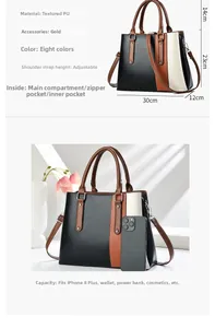 Size chart and capacity detail of the color-block handbag showing internal space and dimensions