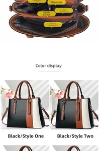 Detail view of large handbag interior showing multiple pockets and multi-color patchwork